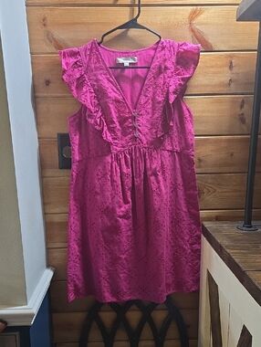 Loft Fuchsia Eyelet Ruffle Dress XXS Oversized 0469